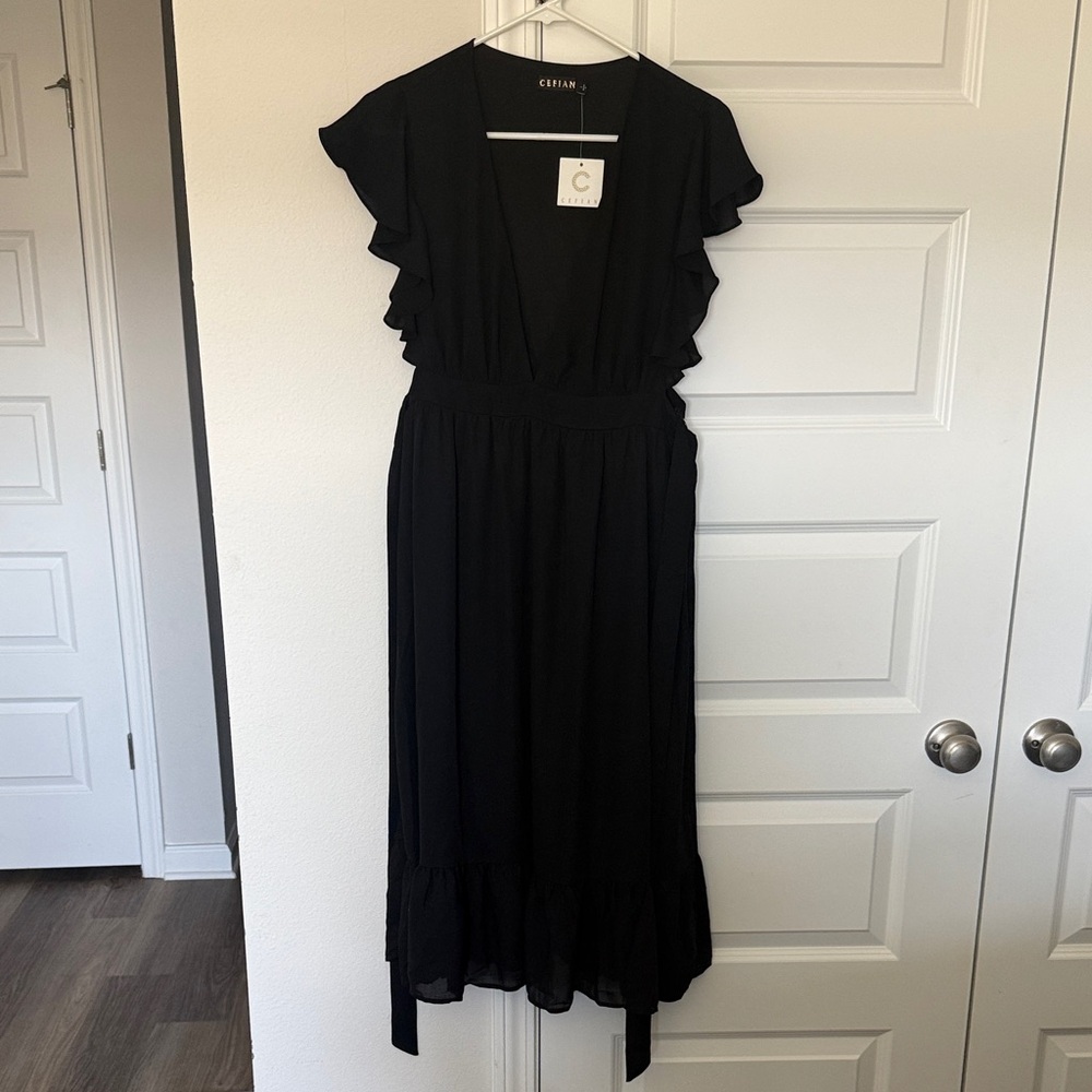 Celine Elegant Black Midi Dress with Ruffle Sleeves